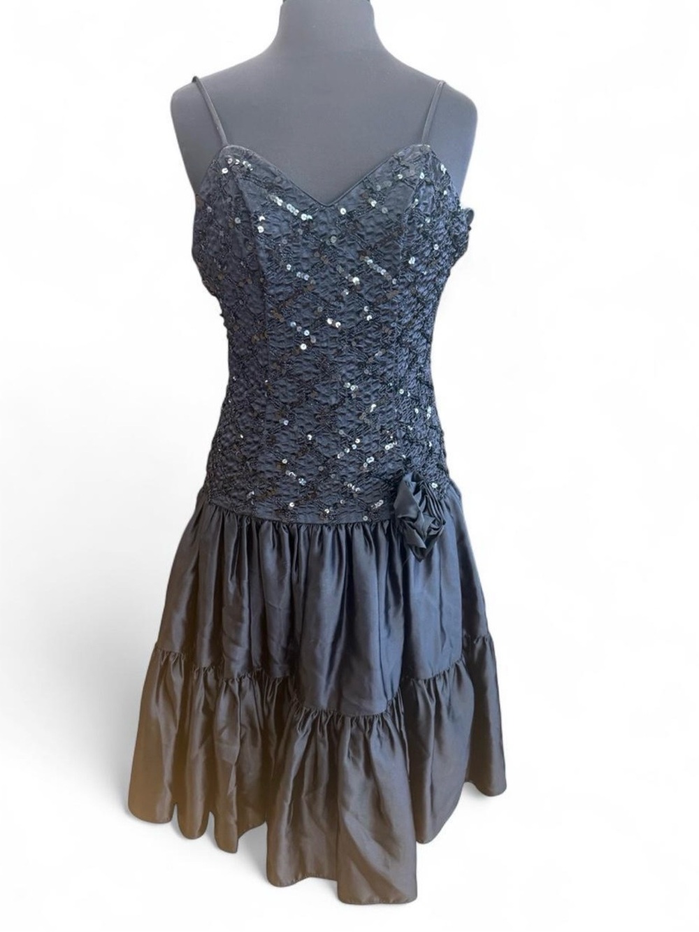 Black Sequin Lace Bodice Tiered Cocktail Dress